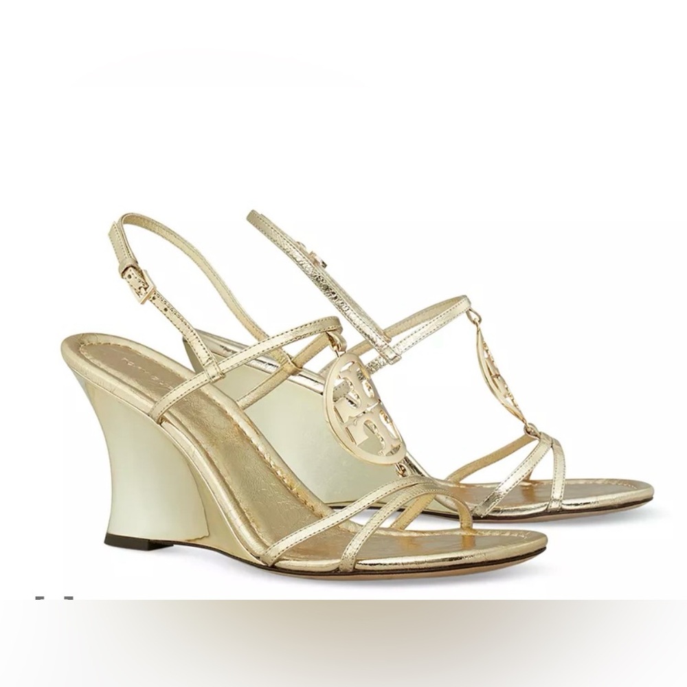 Tory Burch Gold Metallic Logo Wedge Sandals